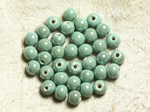 100pc - Perles Ceramique Porcelaine Boules 8mm Vert Turquoise Menthe Pastel