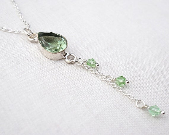 Unique Green Amethyst Necklace Prasiolite Teardrop Pendant Thin Chain Tassel Necklace Dainty Sterling Silver Chain