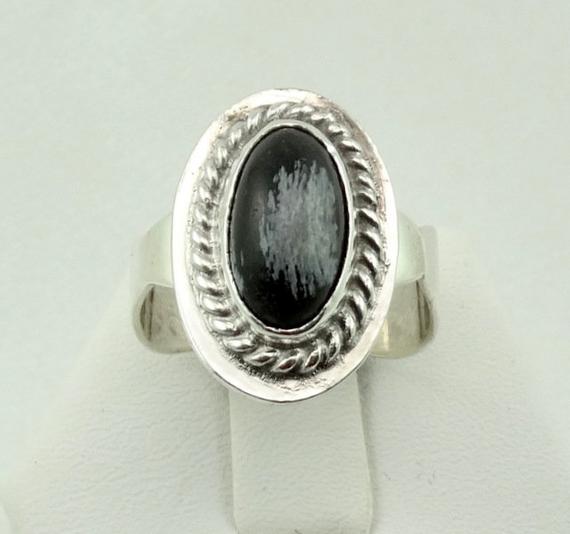 Unique Snowflake Obsidian Cabochon In A Vintage Sterling Silver Ring Free Shipping! #snowflake-sr2