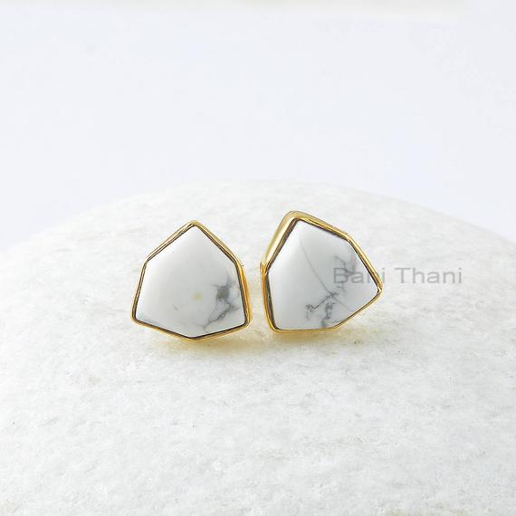 White Howlite Stud Earrings - Handcrafted Studs - Pure Silver - 10mm Trillion Hexagon - Gemstone Jewelry - Jewelry For Wife - Gift For Yoga