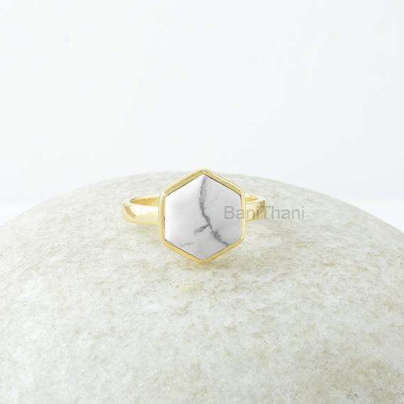 White Howlite Ring, White Howlite 10mm Hexagon Gemstone Ring, 18k Gold Plated Ring, Silver Ring, Gemstone Jewelry, Jewelry Gift For Mother