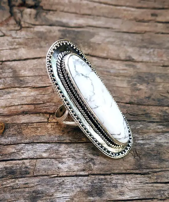 White Howlite Ring, 92.5% Silver Ring, Long Ring, White Turquoise Ring, White Buffalo Ring, 40x10mm Stone Ring, Wide Band Ring,designer Ring