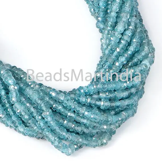 Blue Zircon Faceted Rondelle Shape Beads, 3-4mm Natural Blue Zircon Rondelle Shape Beads, Blue Zircon Natural  Faceted Beads