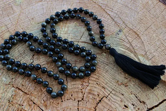 108 Black Silver Sheen Obsidian Mala, Top Quality Beads, Royal Obsidian , Cotton Tassel. Vegan  Unisex Mala.