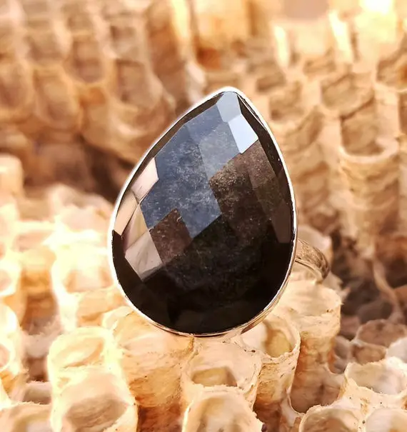 925 Sterling Silver Handmade Ring With Natural Golden Sheen Obsidian Checker Cut Gemstone,925 Silver Jewelry,minimalist Silver Ring