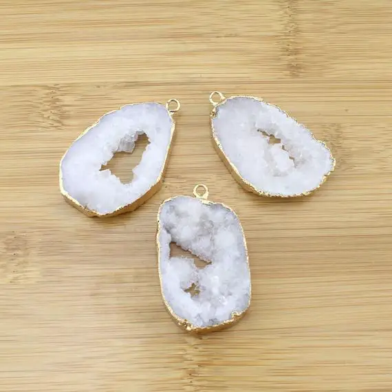Wholesale Gray Agate Geode Druzy Slice Connector, Diy Jewelry Electroplated Edges, Raw Quartz Druzy Slab Gold Plated Pendant Charms----tr118