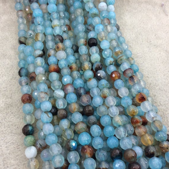 6mm Faceted Mixed Pale Blue/brown Agate Round/ball Shaped Beads - 15.5" Strand (approximately 64 Beads) - Natural Semi-precious Gemstone