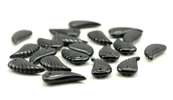 25x12mm Black Agate Gemstone Carved Angel Wing Beads Bulk Lot 2,6,12,24,48 (90187202-001)