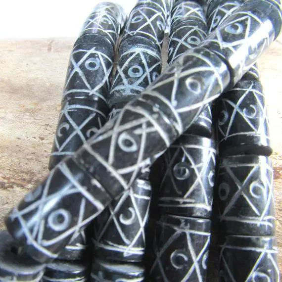Agate Beads 15 X 10mm Rustic Black Smooth Hand Etched Drum Beads -  6 Pieces