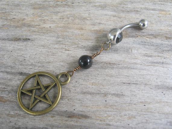 Pentacle Belly Ring, Bronze Agate Belly Button Ring, Birthstone Navel Piercing, Wicca Body Jewelry, Supernatural Pentagram Navel Ring, Pagan