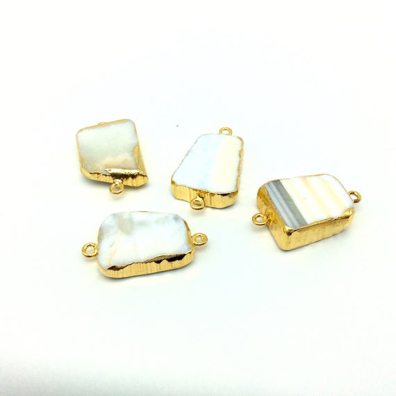 Medium Sized Gold Plated White Agate Freeform Shaped Connectors - Measuring 20mm - 25mm Long, Approx. - Sold Individually, Random