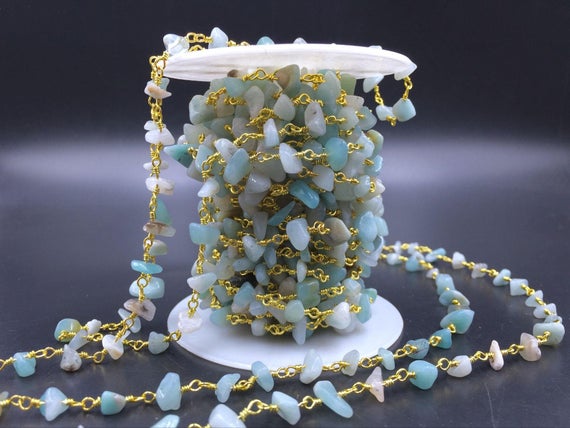 Amazonite Rosary Chain Wholesale Gemstone Chips Chain Wire Wrapped Jewelry Handmade Silver&gold Rosary Style Chain Custom Length Ccn
