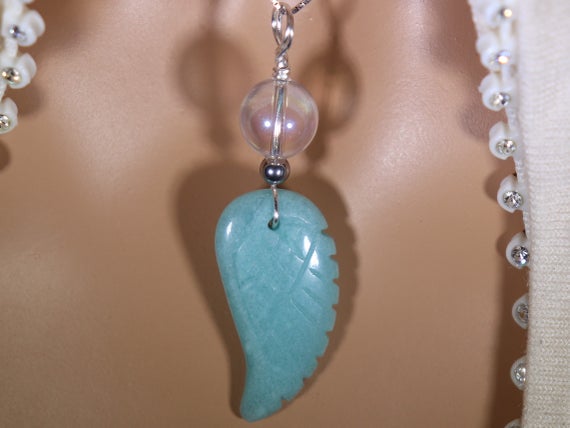 Amazonite Carved Angel Wing & Angel Aura Healing Stone Protection Necklace With Positive Energy!