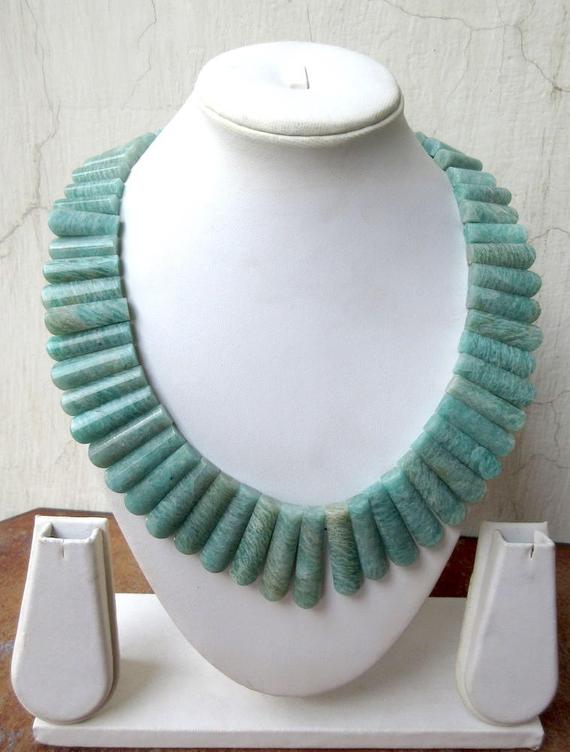 Natural Blue Amazonite Layout Necklace, Bib Necklace, Cleopatra Necklace, Graduated Collar Necklace, 17x18mm To 38x9mm, 21 Inch, Gds970