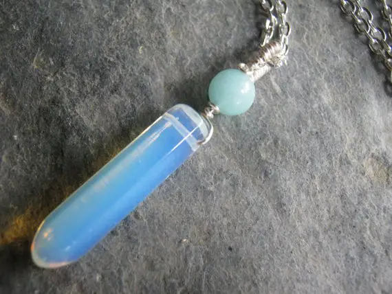Opalite & Amazonite Necklace, Pendant Necklace, Silver Wire Wrapped Necklace, Bullet Necklace, Choose Your Length, Aqua Opal