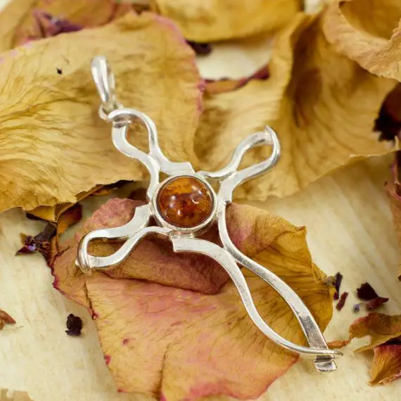 Amber Silver Ribbon Cross Pendant // Amber Jewelry // Sterling Silver // Village Silversmith