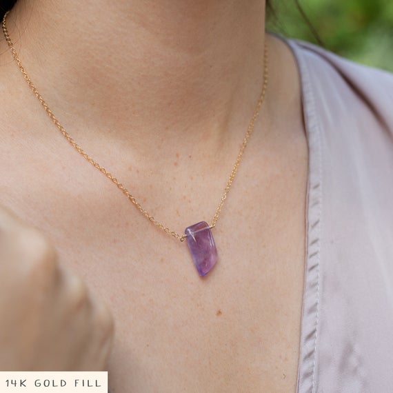 Small Purple Amethyst Natural Stone Necklace. Polished Natural Shaped Gemstone Necklace Present. February Birthstone Necklace Gift For Her.