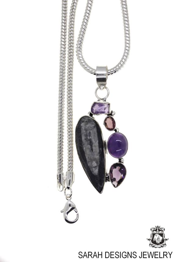 Orthoceras Fossil Tear Drop Amethyst 925 Sterling Silver Pendant & 3mm Italian 925 Sterling Silver Chain P4690