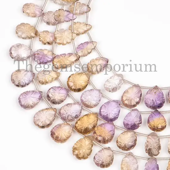 Carving Ametrine Beads, Ametrine Flower Carved Beads, Flower Carving Pear Beads, Ametrine Beads, Pear Shape Briolette, Gemstone For Jewelry
