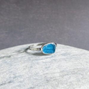 Shop Apatite Rings! Rough Apatite Ring, Sterling Silver, Neon Blue Raw Gemstone, Crystal Minimalist Jewelry | Natural genuine Apatite rings, simple unique handcrafted gemstone rings. #rings #jewelry #shopping #gift #handmade #fashion #style #affiliate #ad