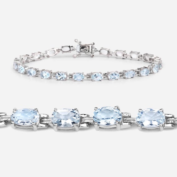 Aquamarine Bracelet, Natural Aquamarine Oval Silver Bracelet, Tennis Bracelet, March Birthstone Bracelet, Blue Bracelet, Aquamarine Jewelry