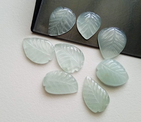 13-16mm Aquamarine Cabochons, Natural Hand Carved Leaf Shape Cabochons, Aquamarine Flat Back Cabochons For Jewelry, 5 Pcs - Pdg235