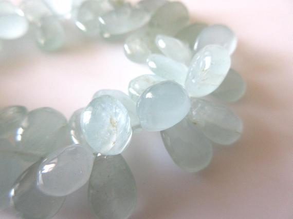 Natural Aquamarine Smooth Pear Briolette Beads, 8 Inches Of 13mm To 14mm Aquamarine Beads, Gds770