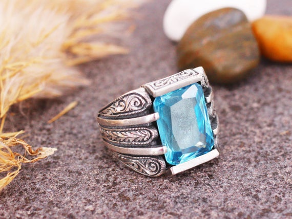 Aquamarine Mens Ring, Ottoman Style Ring, Silver 925 Ring, Gift For Him, Mens Handmade Ring , Mens Jewelry, Mens Handmade Jewelry, Gift