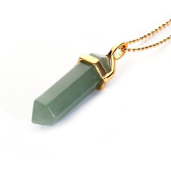 Green Aventurine Pendulum Pendant Healing Point Size 40x8mm Gold Chain