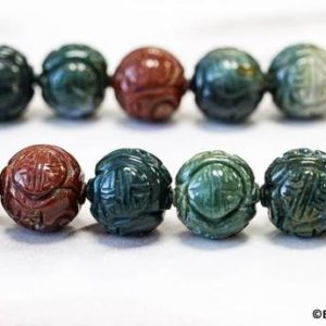 Shop Bloodstone Round Beads! L / Blood Stone 16mm / 18mm Carved Round Beads 15.5" Long Oriental Carvings Large Size Ancient Chinese Style Carved Ball Carved Sphere | Natural genuine round Bloodstone beads for beading and jewelry making.  #jewelry #beads #beadedjewelry #diyjewelry #jewelrymaking #beadstore #beading #affiliate #ad
