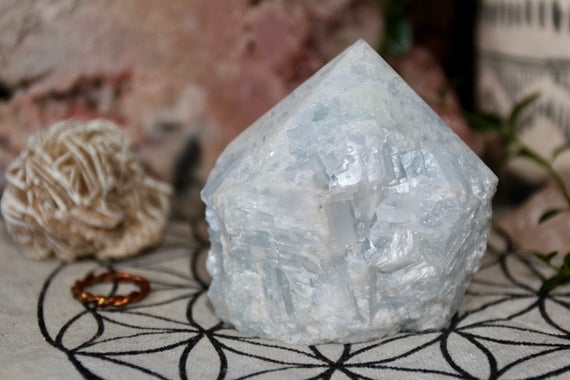 A+ Blue Calcite Crystal Point, Top Polish Raw Edge, 11.0 Oz From Brazil