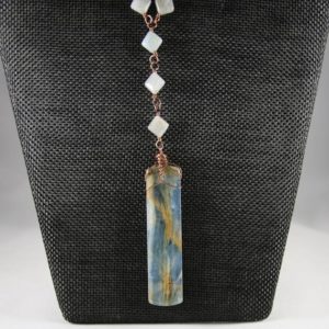 Shop Blue Calcite Pendants! Blue Calcite Pendant with Hand-Wrapped Aquamarine & Apatite Chain, Natural Stones, Calcite Necklace, Handmade Jewelry, Handmade Necklace | Natural genuine Blue Calcite pendants. Buy crystal jewelry, handmade handcrafted artisan jewelry for women.  Unique handmade gift ideas. #jewelry #beadedpendants #beadedjewelry #gift #shopping #handmadejewelry #fashion #style #product #pendants #affiliate #ad