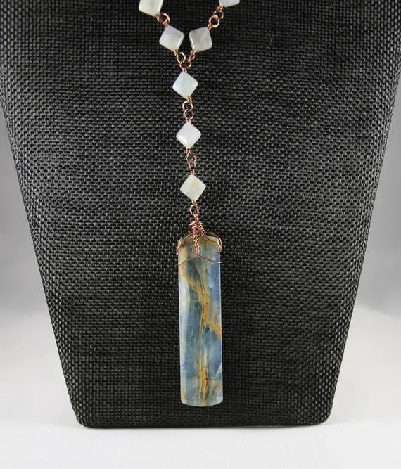 Blue Calcite Pendant With Hand-wrapped Aquamarine & Apatite Chain, Natural Stones, Calcite Necklace, Handmade Jewelry, Handmade Necklace