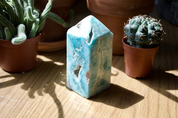 Seafoam Banded Calcite Obelisk // Polished Blue Calcite // Metaphysical Crystal // Metaphysical Stone // Village Silversmith