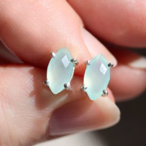Shop Blue Chalcedony Earrings! Sea Frost – Faceted Aqua Blue Chalcedony Cushion Cut Sterling Silver Stud Earrings | Natural genuine Blue Chalcedony earrings. Buy crystal jewelry, handmade handcrafted artisan jewelry for women.  Unique handmade gift ideas. #jewelry #beadedearrings #beadedjewelry #gift #shopping #handmadejewelry #fashion #style #product #earrings #affiliate #ad
