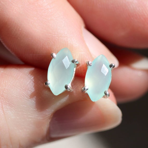 Sea Frost - Faceted Aqua Blue Chalcedony Cushion Cut Sterling Silver Stud Earrings