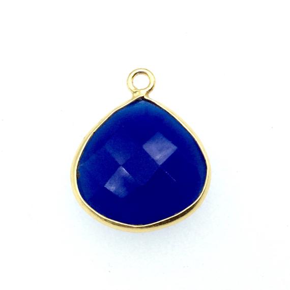 Cobalt Blue Chalcedony Bezel | Gold Finish Faceted Natural Heart Teardrop Shaped Two Ring Connector Component - Measuring 15mm X 15mm
