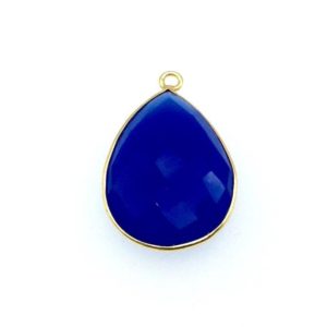 Shop Blue Chalcedony Beads! Gold Finish Faceted Cobalt Blue Chalcedony Pear/Teardrop Shaped Bezel Pendant Component – Measuring 15mm x 20mm – Natural Gemstone | Natural genuine faceted Blue Chalcedony beads for beading and jewelry making.  #jewelry #beads #beadedjewelry #diyjewelry #jewelrymaking #beadstore #beading #affiliate #ad