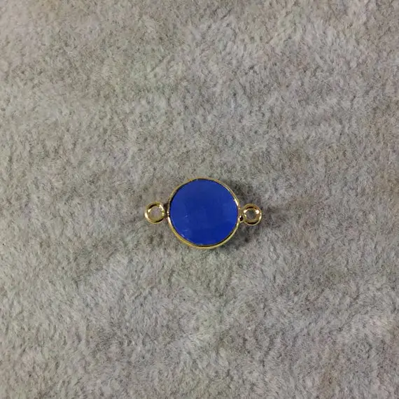Gold Plated Faceted Natural Semi-opaque Blue Chalcedony Round/coin Shaped Bezel Connector - Measuring 10mm X 10mm - Sold Individually
