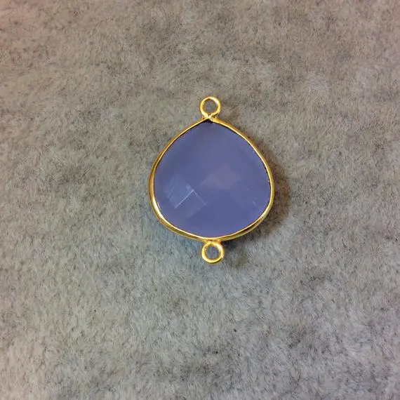 Pale Blue Chalcedony Bezel | Gold Finish Faceted Semi Transparent Heart Teardrop Shaped Bezel Connector - 18mm X 18mm - Natural Gemstone