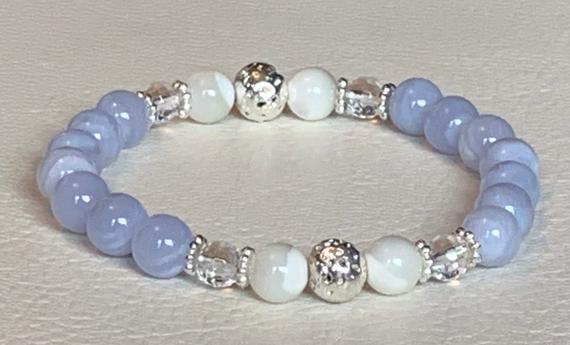 Throat Chakra - Mother Of Pearl, Quartz, Blue Lace Agate Beaded Mala Bracelet For Stress, Anxiety, Protection & Communication Bracelet