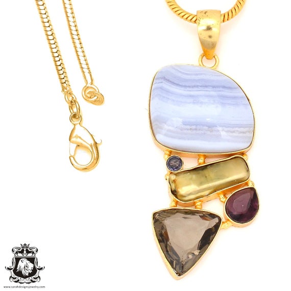 Blue Lace Agate 24k Gold Pendant & 3mm Snake Chain Gp66