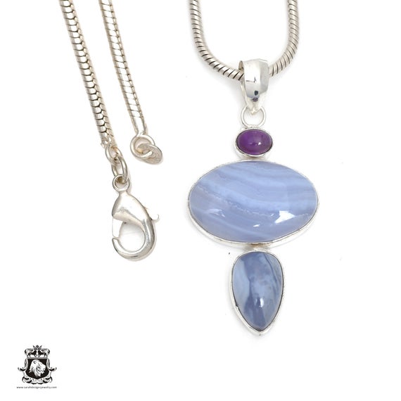 Blue Lace Agate 925 Sterling Silver Pendant & 3mm Italian 925 Sterling Silver Chain P6428