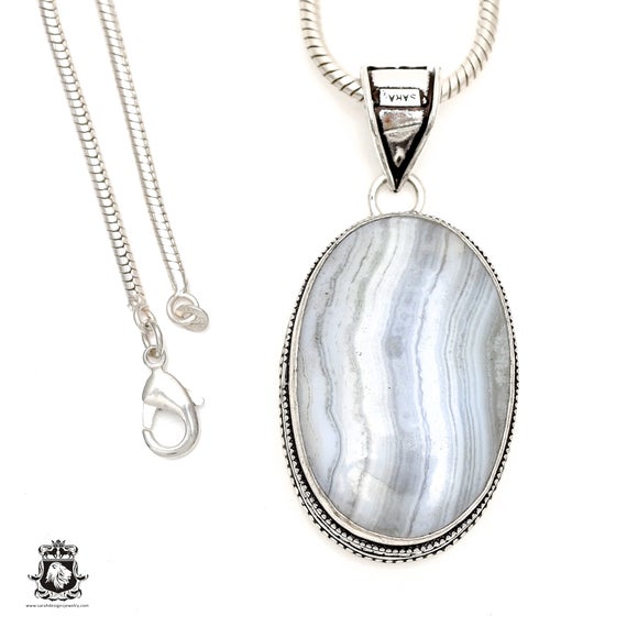 Blue Lace Agate Pendant & Free 3mm Italian 925 Sterling Silver Chain V1727