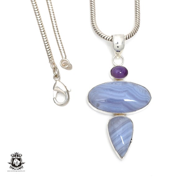 Blue Lace Agate 925 Sterling Silver Pendant & 3mm Italian 925 Sterling Silver Chain P6433