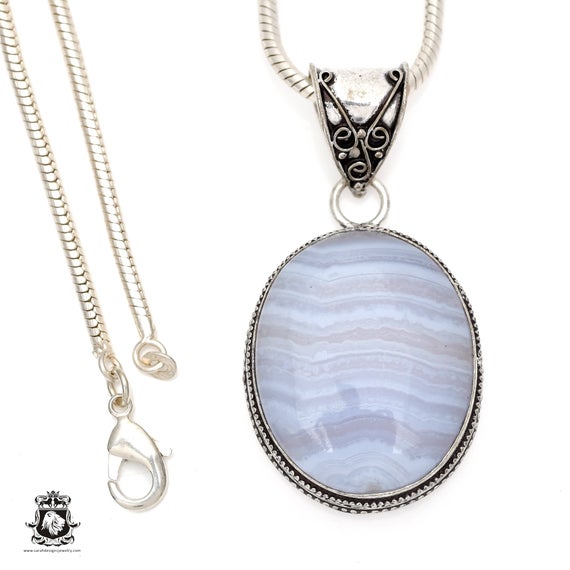 Namibian Blue Lace Agate Pendant & Free 3mm Italian 925 Sterling Silver Chain V544