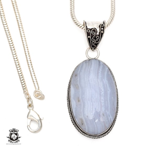 Namibian Blue Lace Agate Pendant & Free 3mm Italian 925 Sterling Silver Chain V543