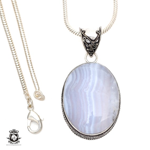 Namibian Blue Lace Agate Pendant & Free 3mm Italian 925 Sterling Silver Chain V542