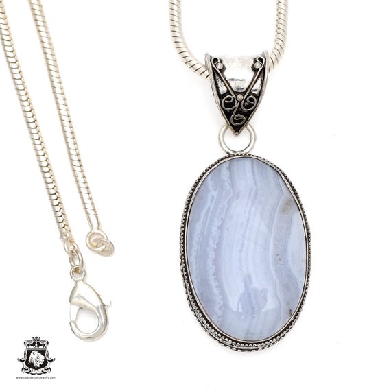 Namibian Blue Lace Agate Pendant & Free 3mm Italian 925 Sterling Silver Chain V547