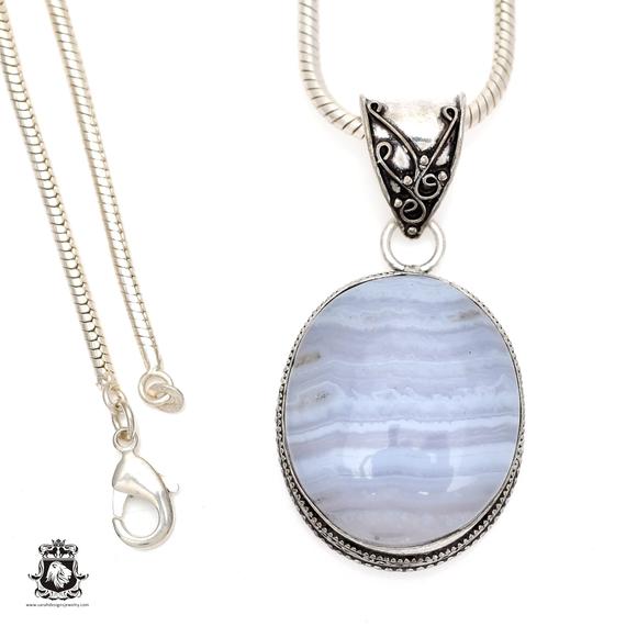 Namibian Blue Lace Agate Pendant & Free 3mm Italian 925 Sterling Silver Chain V546